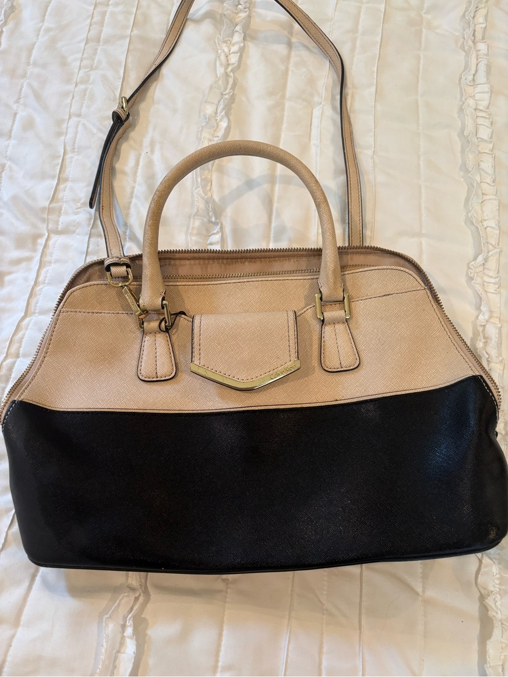 Calvin Klein Beige and Black Two-Tone Satchel with Gold Hardware